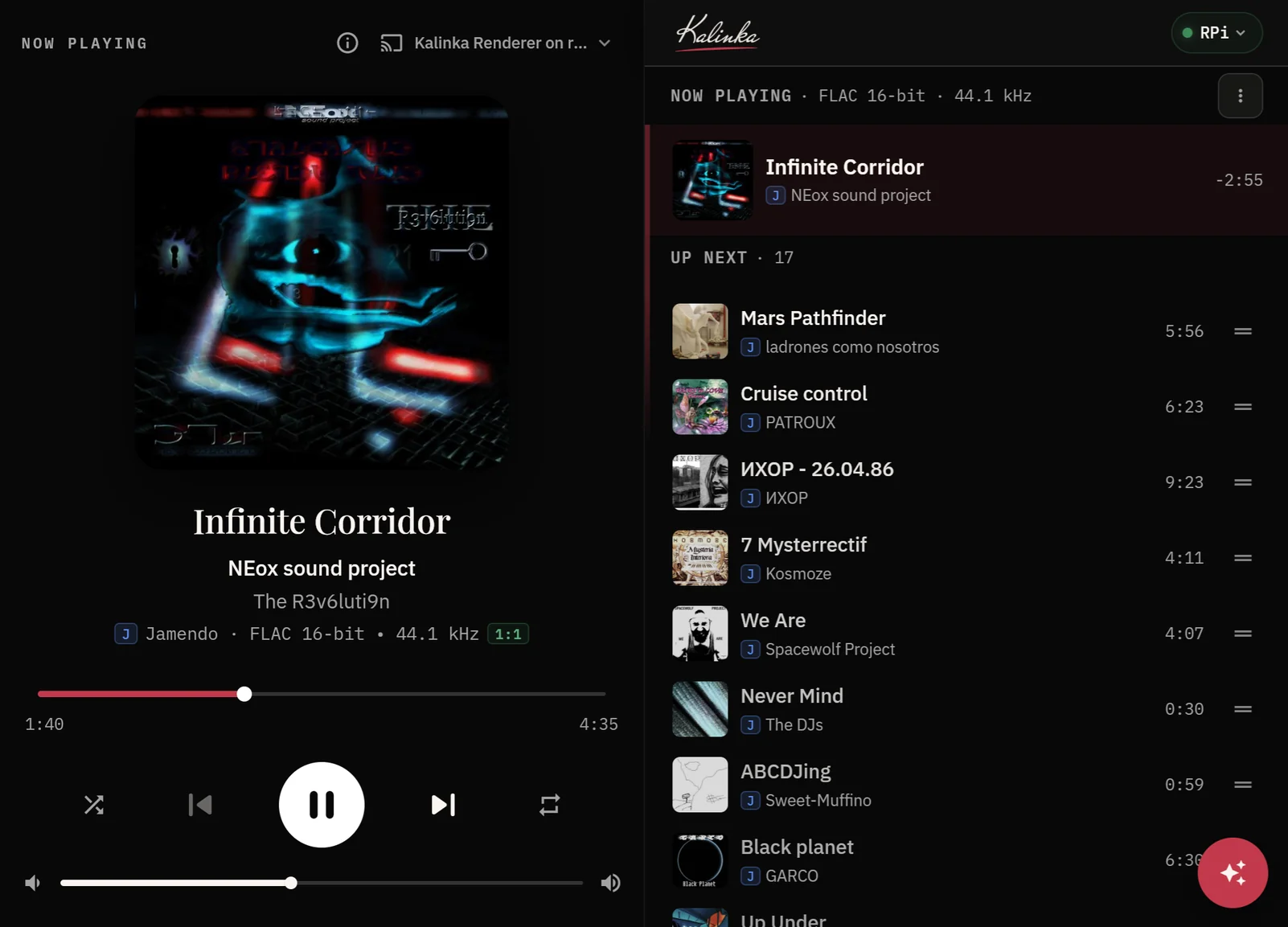 Kalinka desktop app showing the current album, playback controls and play queue.