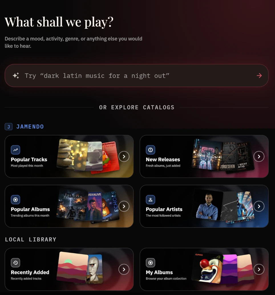 Kalinka's AI search screen: a prompt box reading “dark latin music for a night out”, with Jamendo and local library catalogs below.